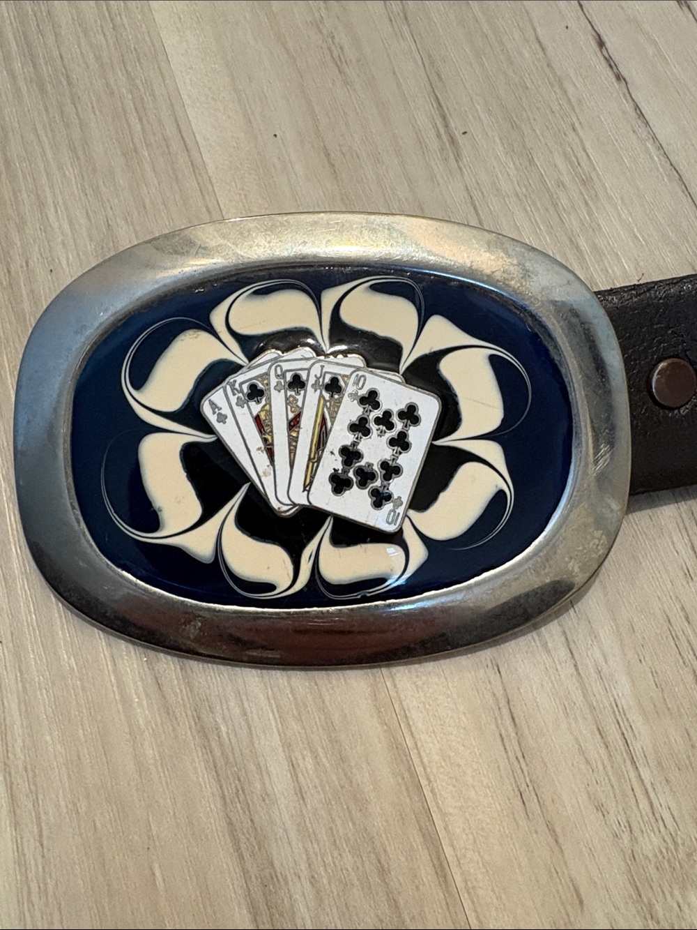 Vtg Mellow Tanned Split Leather Belt Poker Playing Cards Enamel Buckle Size 40